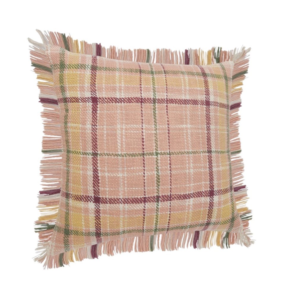 20" Pink And Yellow Cotton Plaid Throw Pillow with Fringe
