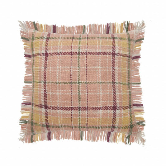 20" Pink And Yellow Cotton Plaid Throw Pillow with Fringe