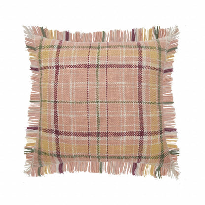 20" Pink And Yellow Cotton Plaid Throw Pillow with Fringe