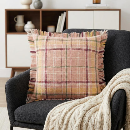 20" Pink And Yellow Cotton Plaid Throw Pillow with Fringe