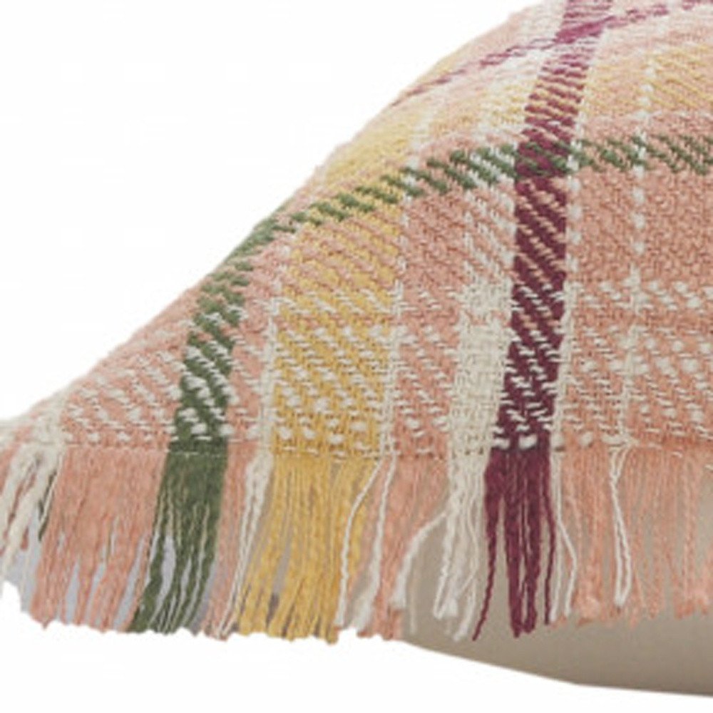 20" Pink And Yellow Cotton Plaid Throw Pillow with Fringe