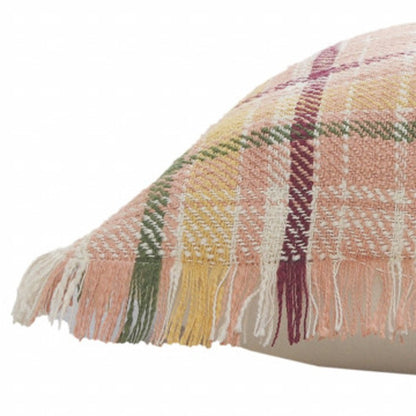 20" Pink And Yellow Cotton Plaid Throw Pillow with Fringe