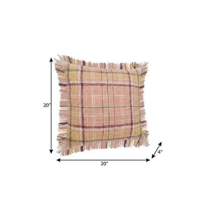 20" Pink And Yellow Cotton Plaid Throw Pillow with Fringe