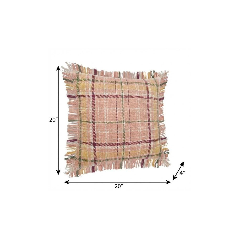 20" Pink And Yellow Cotton Plaid Throw Pillow with Fringe