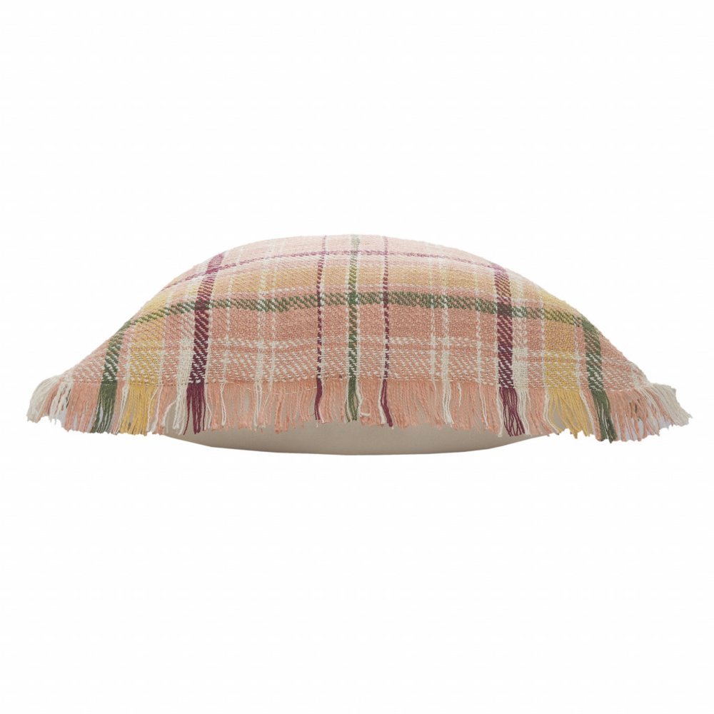 20" Pink And Yellow Cotton Plaid Throw Pillow with Fringe