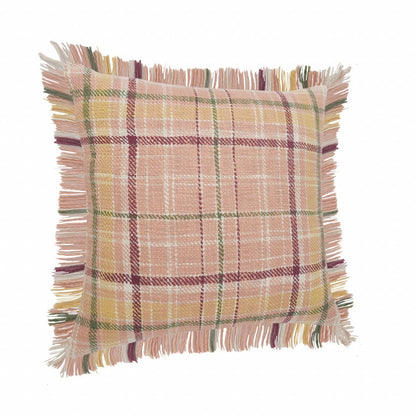 20" Pink And Yellow Cotton Plaid Throw Pillow with Fringe