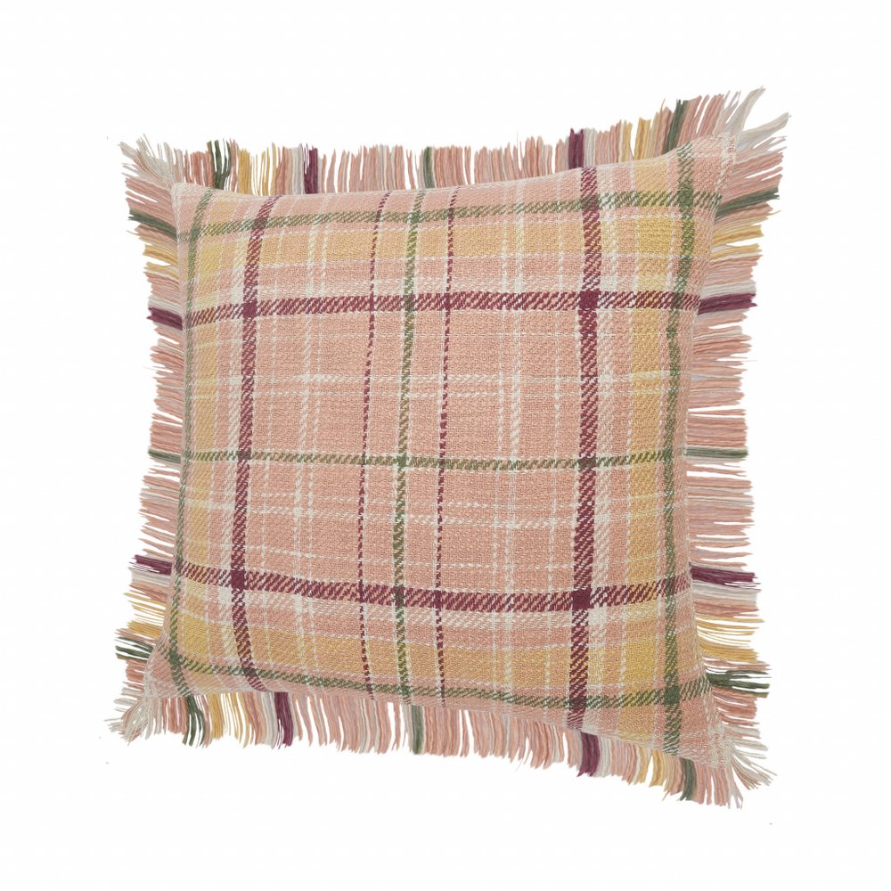 20" Pink And Yellow Cotton Plaid Throw Pillow with Fringe