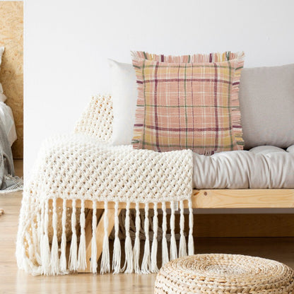 20" Pink And Yellow Cotton Plaid Throw Pillow with Fringe
