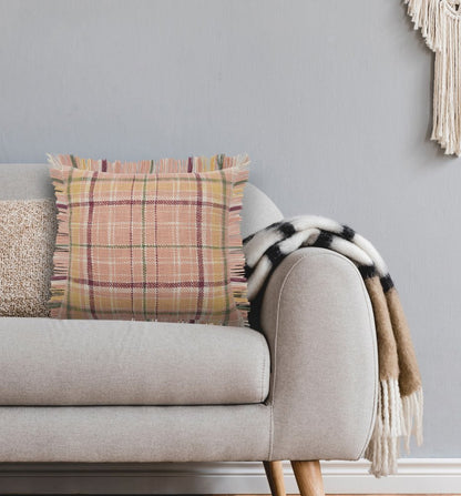 20" Pink And Yellow Cotton Plaid Throw Pillow with Fringe