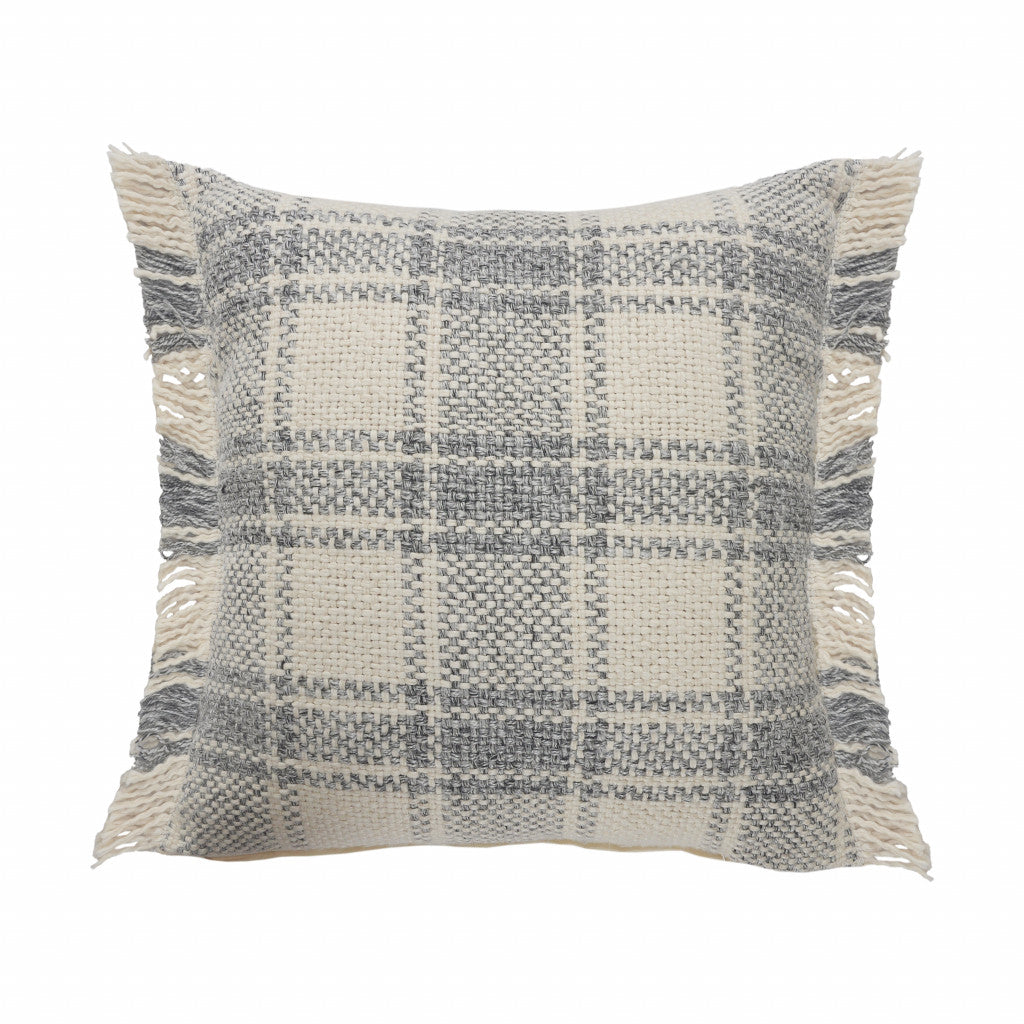 20" X 20" White And Gray-Blue Polyester Plaid Zippered Pillow