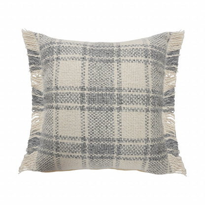 20" X 20" White And Gray-Blue Polyester Plaid Zippered Pillow