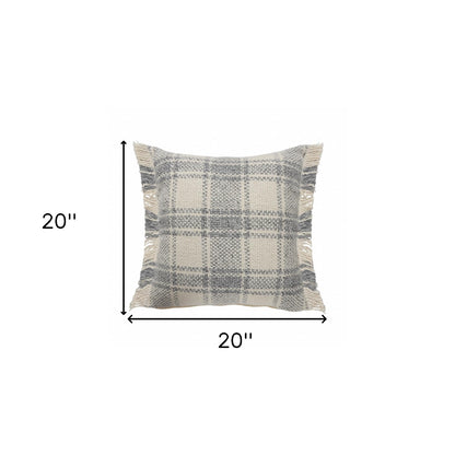 20" X 20" White And Gray-Blue Polyester Plaid Zippered Pillow