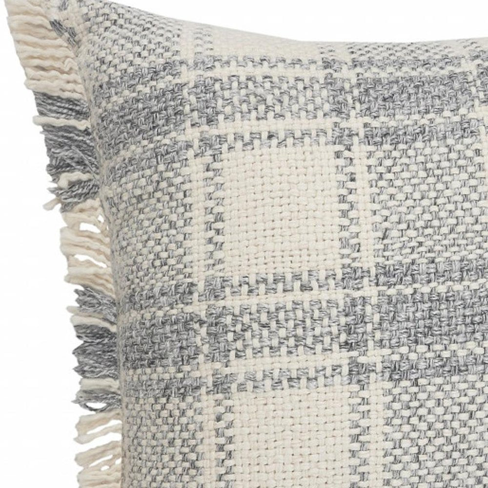 20" X 20" White And Gray-Blue Polyester Plaid Zippered Pillow