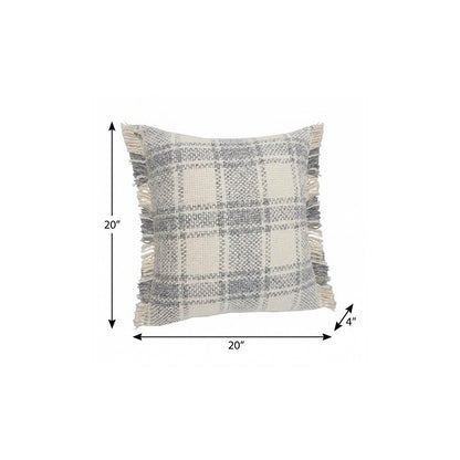 20" X 20" White And Gray-Blue Polyester Plaid Zippered Pillow