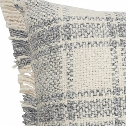20" X 20" White And Gray-Blue Polyester Plaid Zippered Pillow