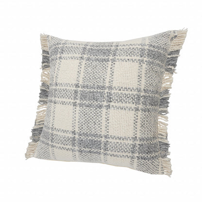 20" X 20" White And Gray-Blue Polyester Plaid Zippered Pillow