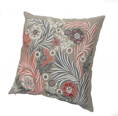 20" X 20" Gray Adn Pink 100% Cotton Floral Zippered Pillow