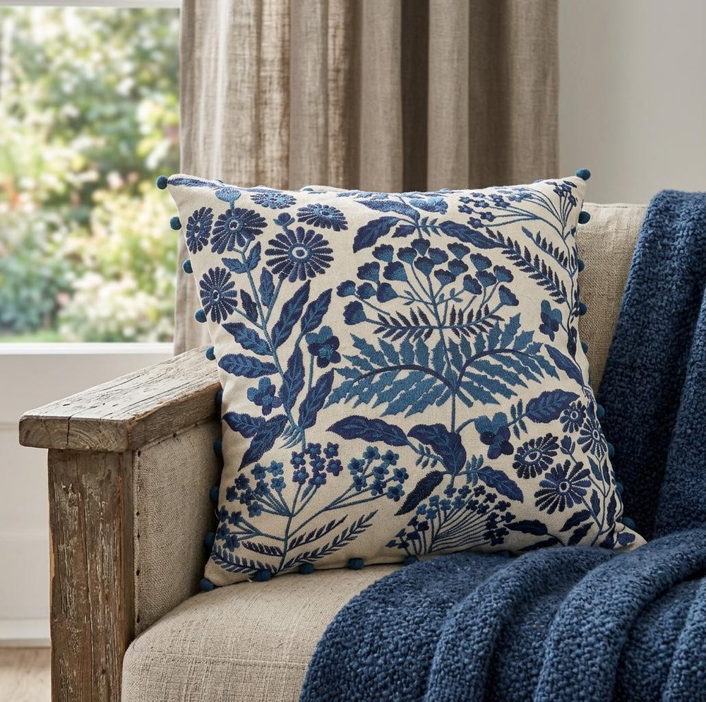 20" Navy Blue And Off White Cotton Floral Throw Pillow
