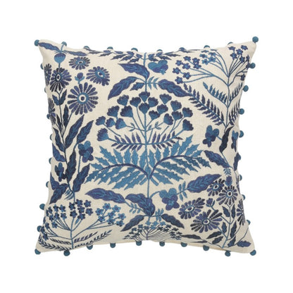 20" Navy Blue And Off White Cotton Floral Throw Pillow