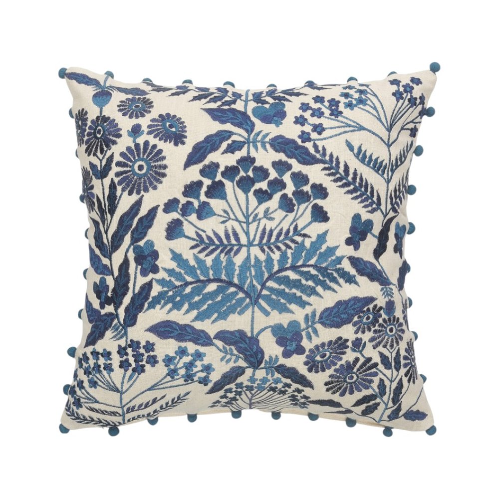 20" Navy Blue And Off White Cotton Floral Throw Pillow