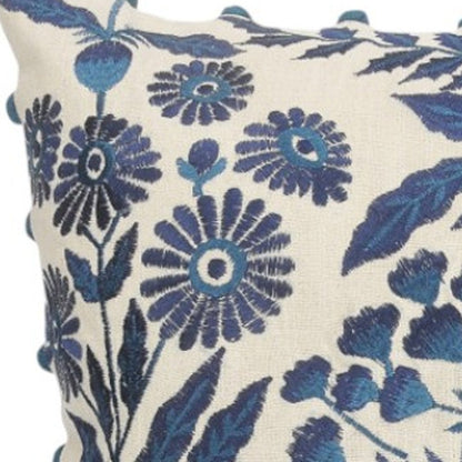 20" Navy Blue And Off White Cotton Floral Throw Pillow