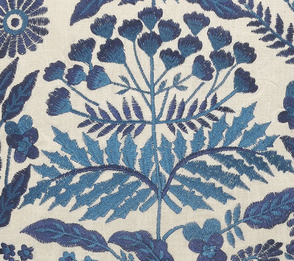 20" Navy Blue And Off White Cotton Floral Throw Pillow