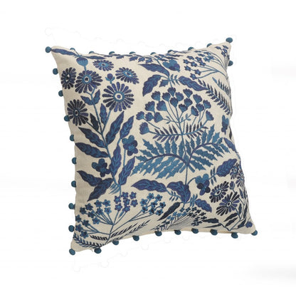 20" Navy Blue And Off White Cotton Floral Throw Pillow