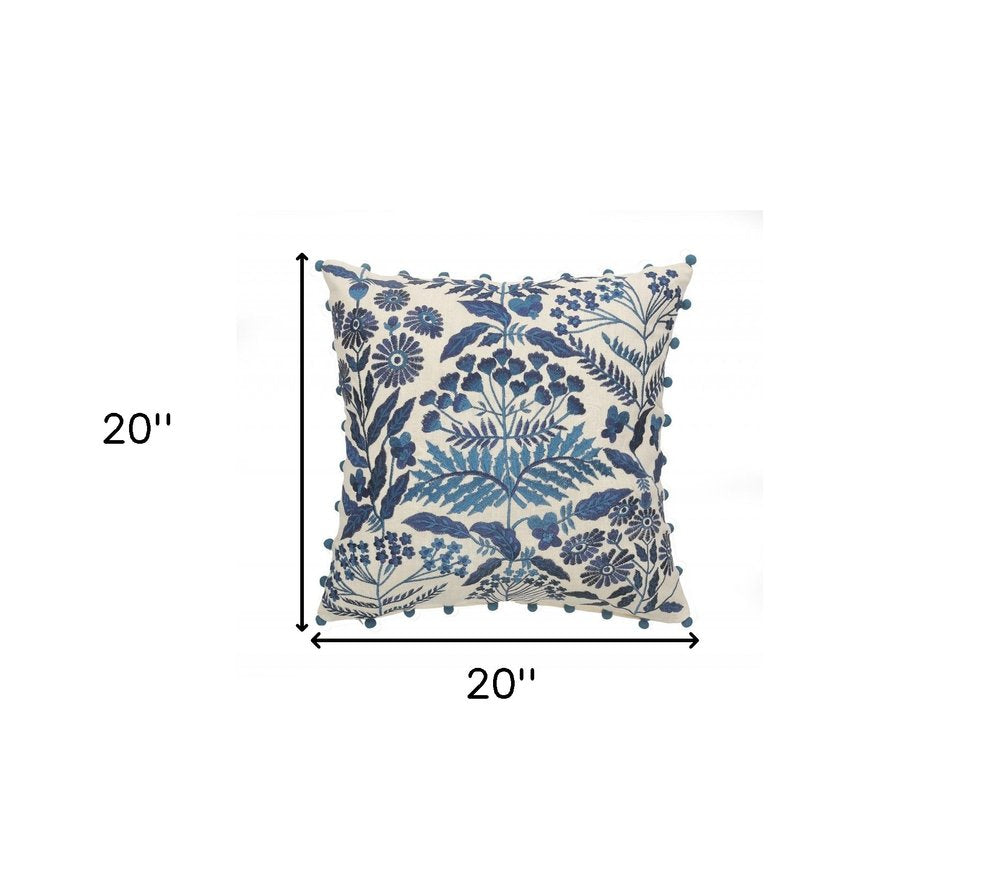 20" Navy Blue And Off White Cotton Floral Throw Pillow