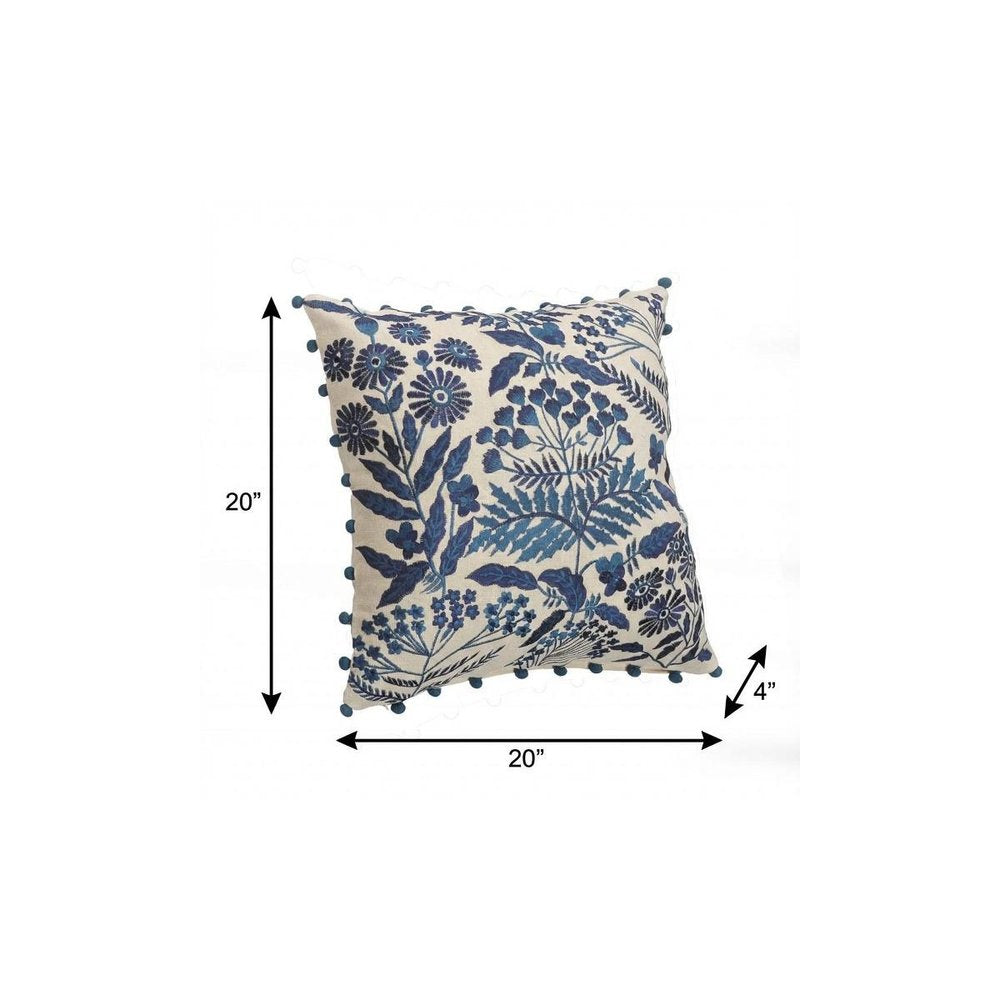 20" Navy Blue And Off White Cotton Floral Throw Pillow