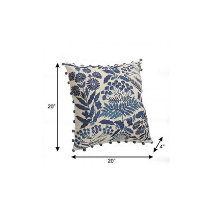 20" Navy Blue And Off White Cotton Floral Throw Pillow