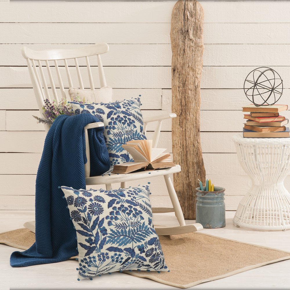 20" Navy Blue And Off White Cotton Floral Throw Pillow