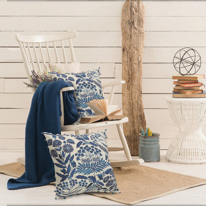 20" Navy Blue And Off White Cotton Floral Throw Pillow