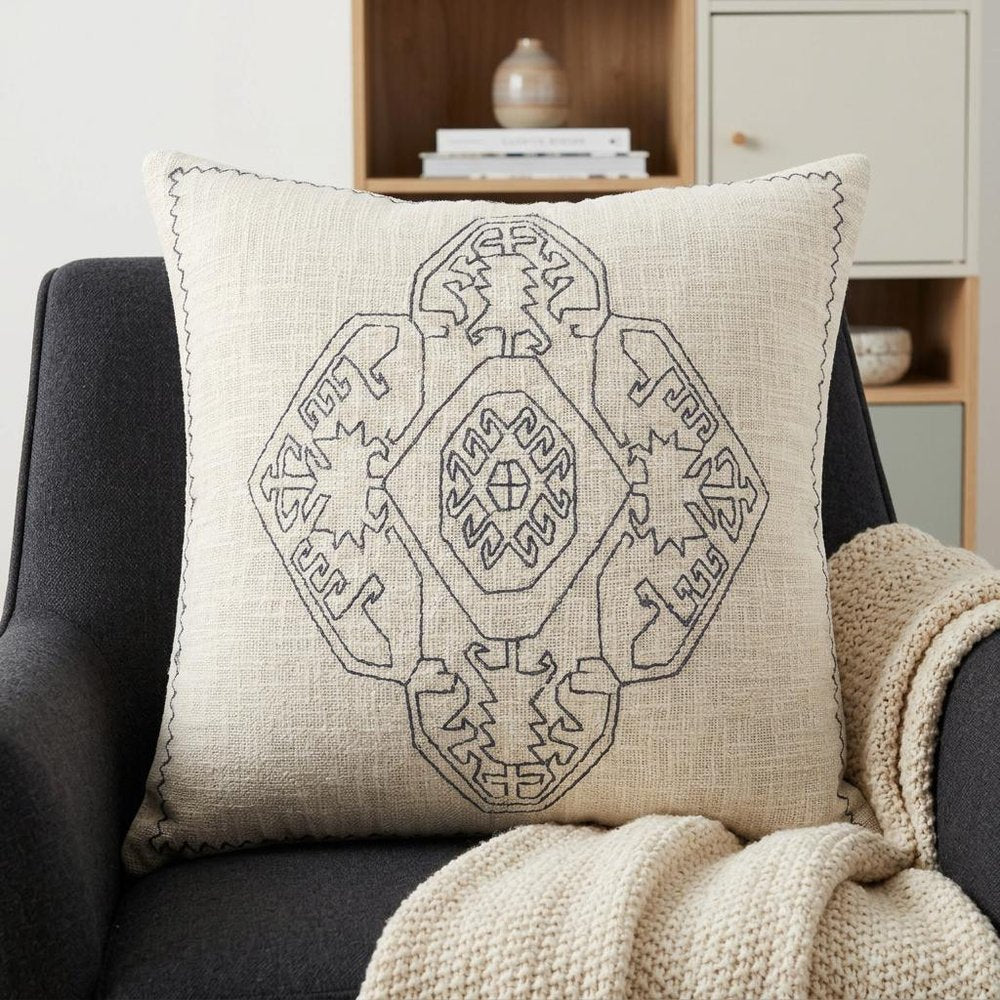 20" X 20" Off-White And Navy 100% Cotton Abstract Zippered Pillow