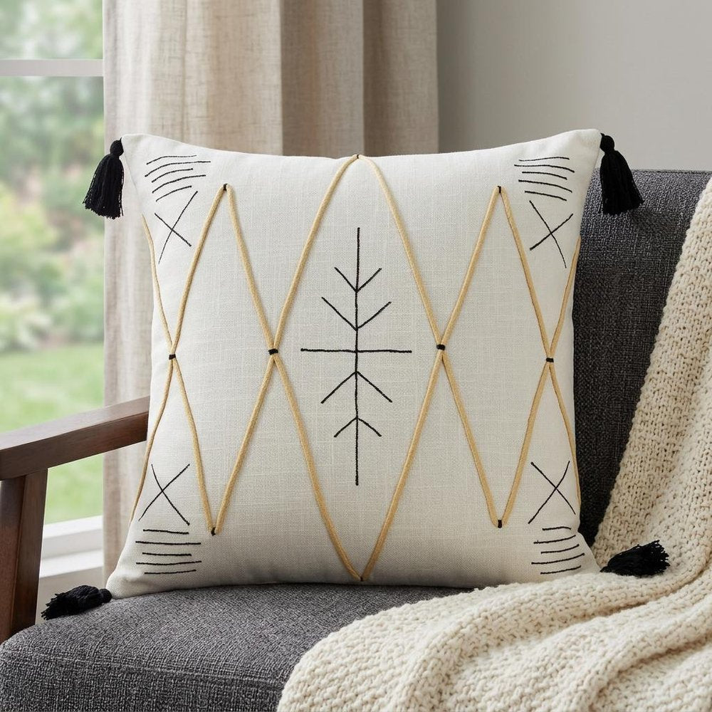 20" X 20" Off-White Black And Cream 100% Cotton Geometric Zippered Pillow