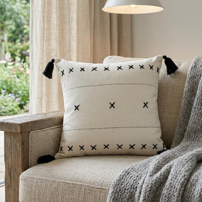 20" X 20" Off-White And Black 100% Cotton Geometric Zippered Pillow