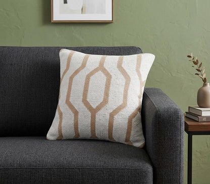 20" X 20" White And Tan 100% Cotton Geometric Zippered Pillow