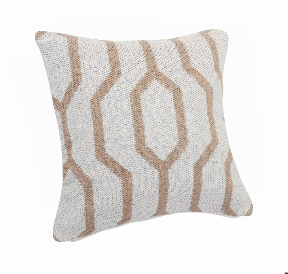 20" X 20" White And Tan 100% Cotton Geometric Zippered Pillow