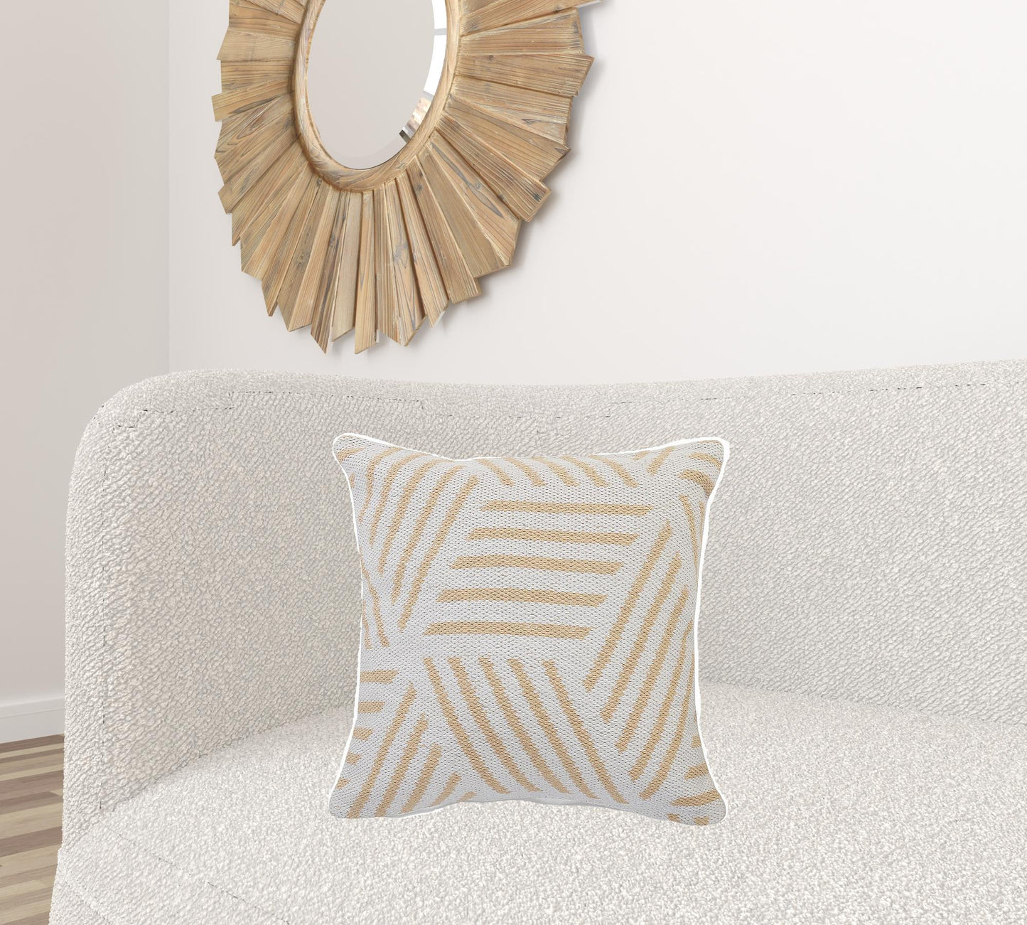 20" X 20" Tan And White 100% Cotton Geometric Zippered Pillow