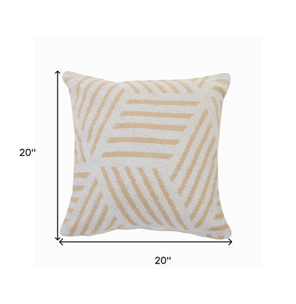 20" X 20" Tan And White 100% Cotton Geometric Zippered Pillow