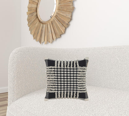 18" X 18" Black and Off White Plaid Cotton Zippered Pillow