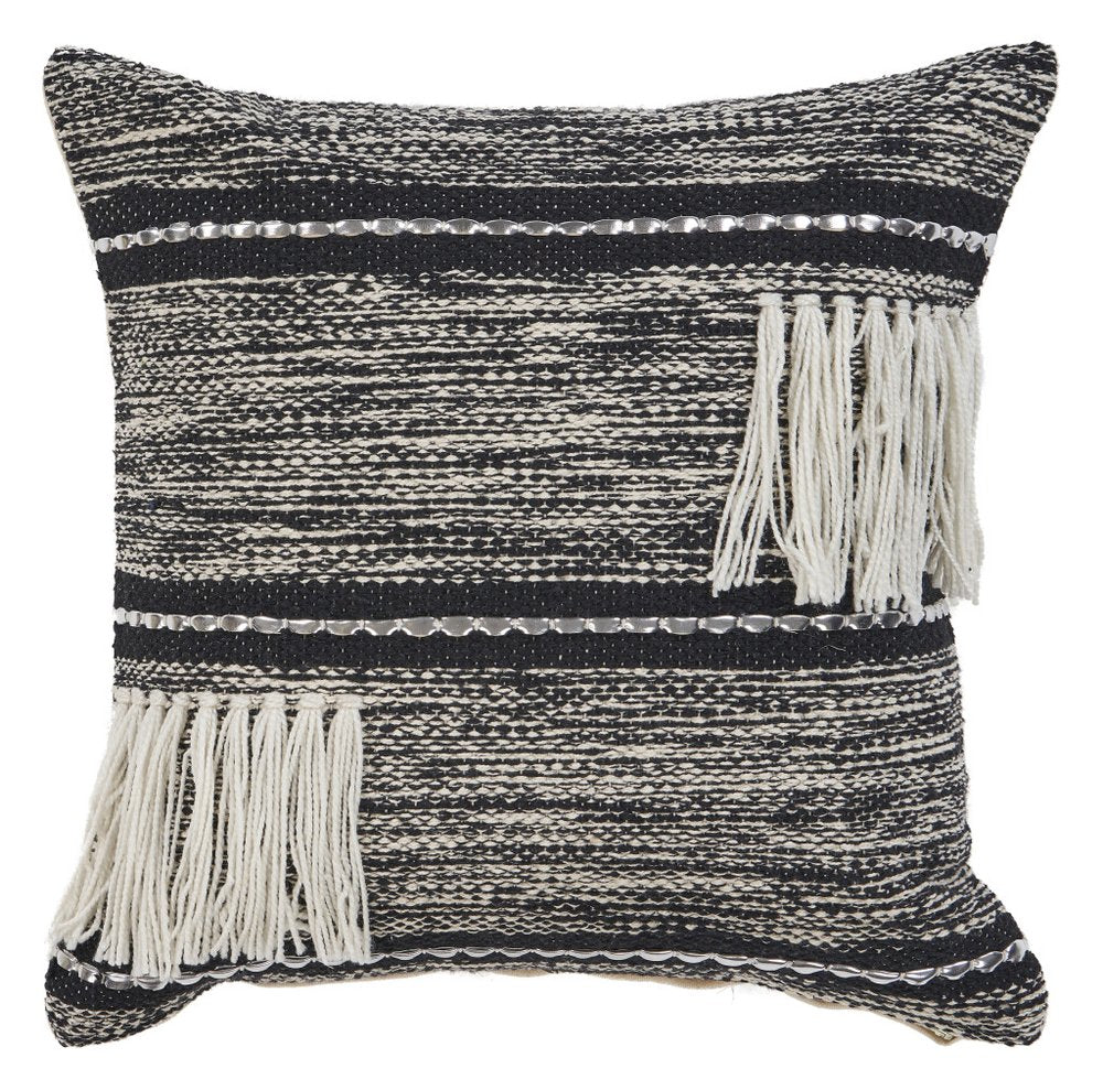 18" Black and Off White Throw Pillow with Fringe