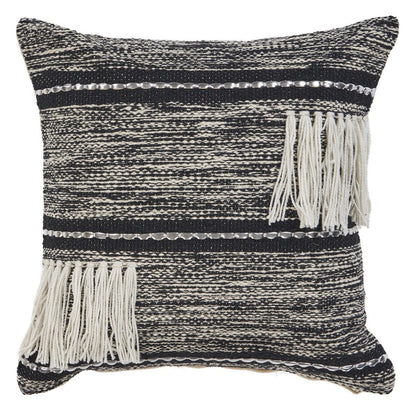18" Black and Off White Throw Pillow with Fringe