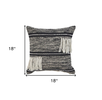 18" Black and Off White Throw Pillow with Fringe