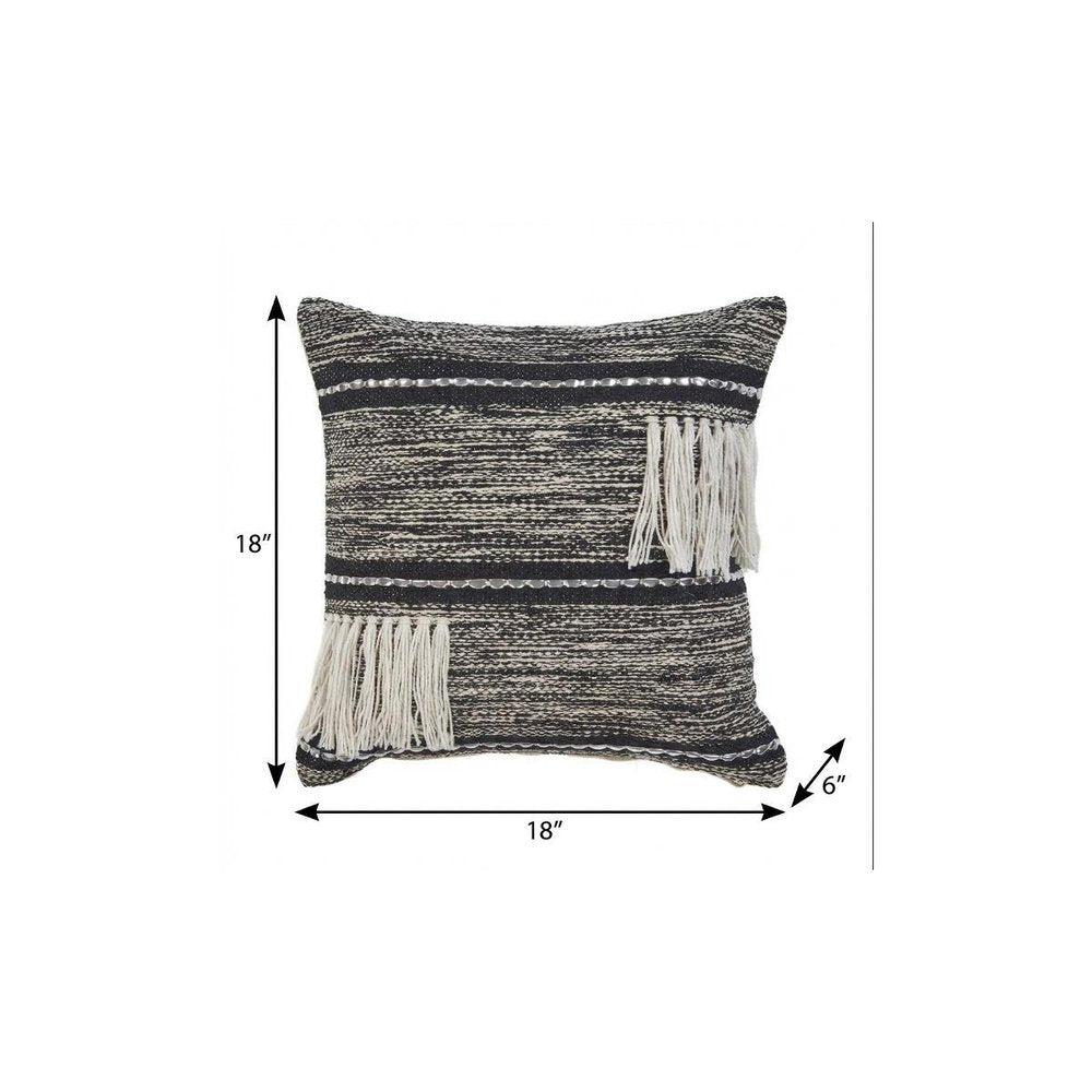 18" Black and Off White Throw Pillow with Fringe