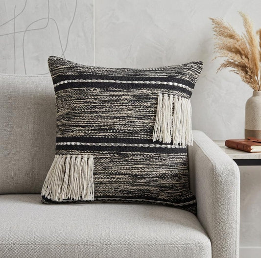 18" Black and Off White Throw Pillow with Fringe