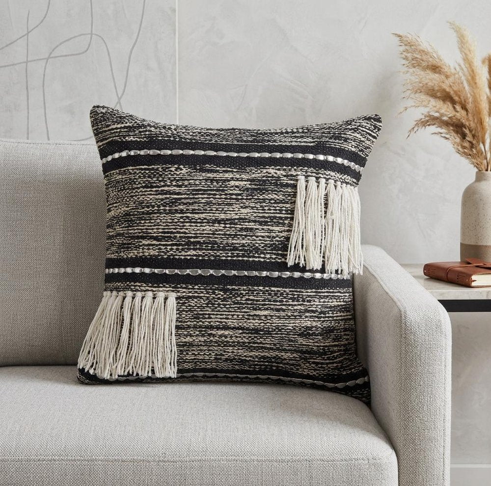 18" Black and Off White Throw Pillow with Fringe
