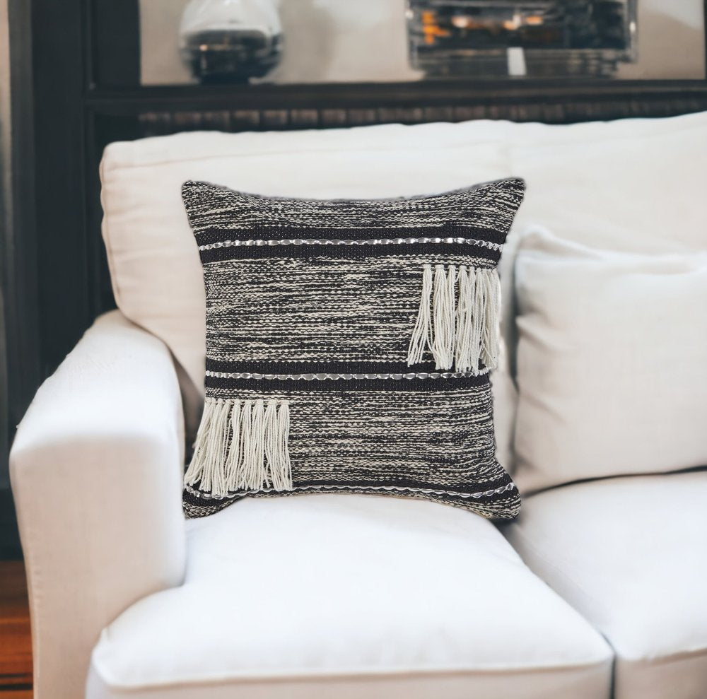 18" Black and Off White Throw Pillow with Fringe