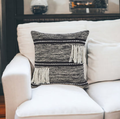 18" Black and Off White Throw Pillow with Fringe