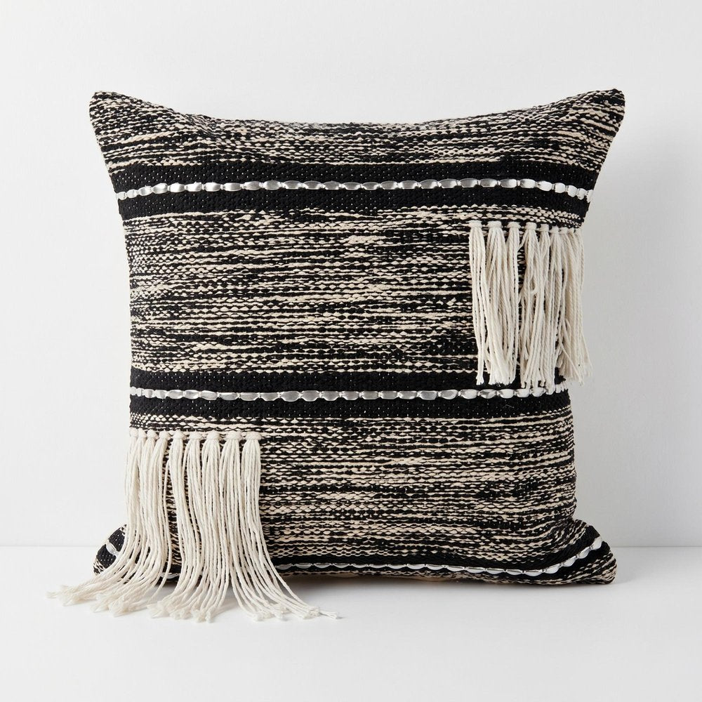 18" Black and Off White Throw Pillow with Fringe