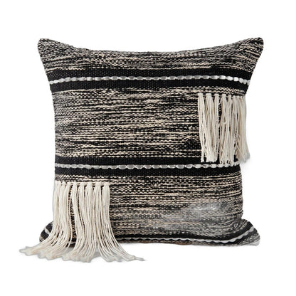 18" Black and Off White Throw Pillow with Fringe